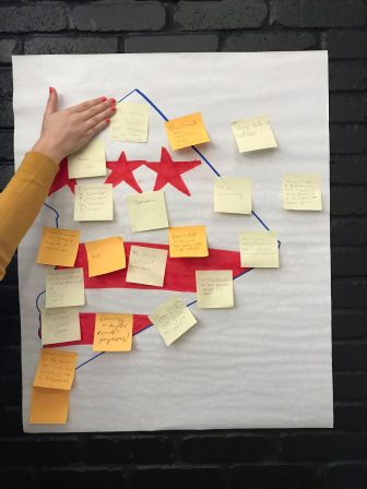 jufjcf-dc-community-meeting-3 Post it notes stuck to an outline of DC with the DC flag drawn on it.